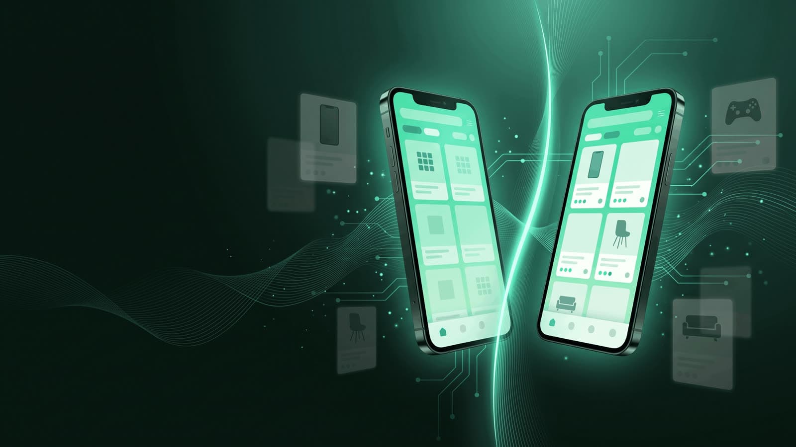 A split-screen comparison of Facebook Marketplace and OfferUp deal listings on two phones against a dark forest-green background.