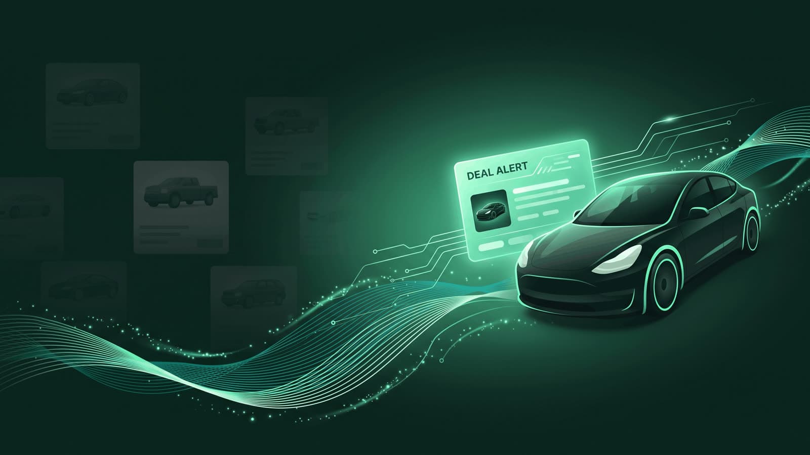 A car listing highlighted on a phone with an instant deal alert, set against a dark forest-green background with mint accents.